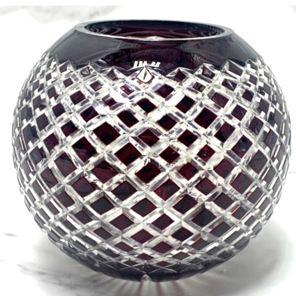 🖤💎🖤Magnificent RARE Vtg Onyx Jet Black Ruby Crystal Diamond Quilted Rose Bowl